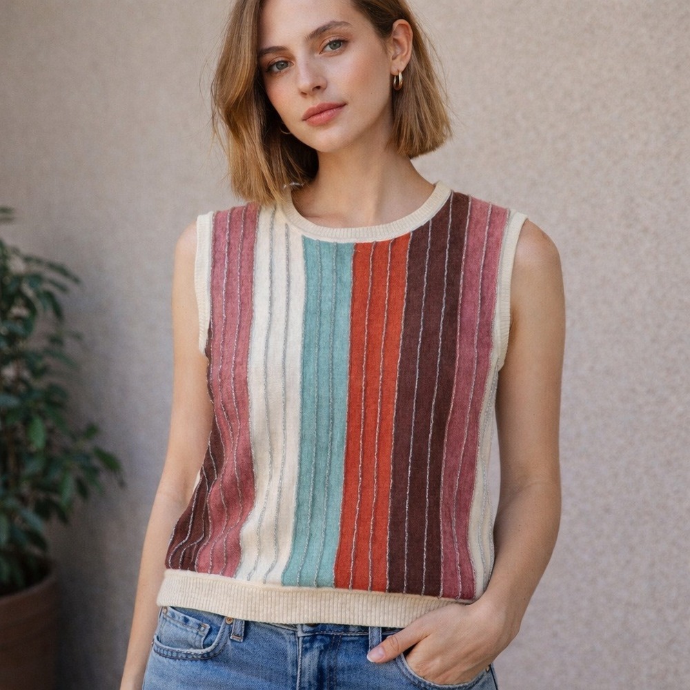 KORI Striped‎ Knit Sleeveless Sweater Vest Top Women Size L Sparkle Metallic